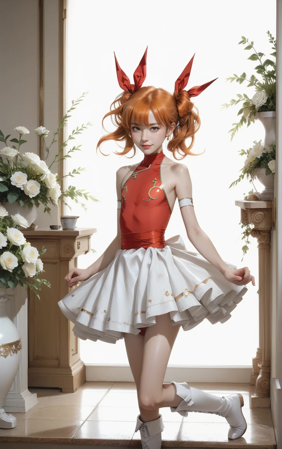rating_safe,score_9, score_8_up, score_7_up, score_6_up, score_5_up,photo realistic,photo
,photo,ultra-detailed hair,flat chest
,(fullbody:1.2) ,Childishly cheerful pose,closed smile
<lora:tiaris_p_v1.7:0.9>tiaris,aqua eyes,orange hair,shiny hair,red leotard,detached sleeves,white mini skirt,white footwear,white boots,red ribbon
<lora:Thigh Size Slider V2_alpha1.0_rank4_noxattn_last:-2>
<lora:Leg Length Slider_alpha1.0_rank4_noxattn_last:1.5>
<lora:age_slider_v4:-1>
,flower garden background <lora:Fant5yP0ny:1>
