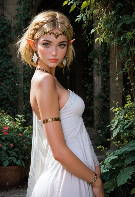 score_9, score_8_up, score_7_up, score_6_up, score_5_up, score_4_up, 1girl, outdoors, (blonde:1.4), royal garden, (side view:1.6), thin body, medium breasts, (thin:1.6), princess zelda, looking at viewer, dress, tiara, bracelet, earrings, jade jewelry