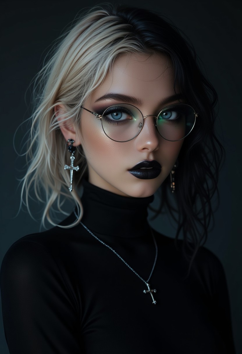 a cute woman, wearing skin tight black turtle neck, round glasses, blue eyes, black hair, white hair, multicolored hair, goth makeup, black lips, cross earrings, cross necklace, soft lighting, dark background, high-resolution, (hi-top fade), (dark theme:0.9), soothing tones, muted colors, high contrast, (natural skin texture, hyperrealism, soft light, sharp)