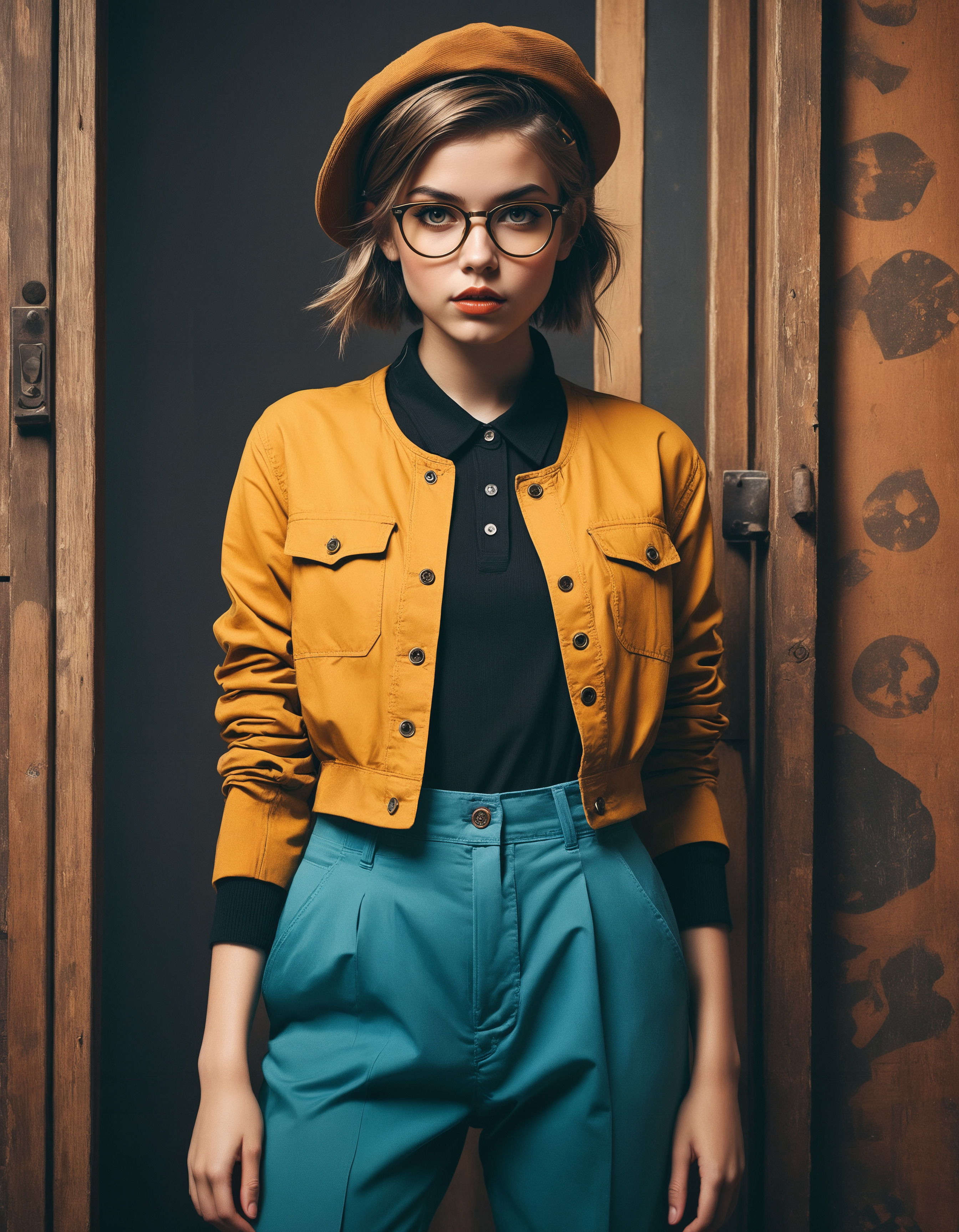 by David Aja and Abram Efimovich Arkhipov, hyper realistic medium full shot photo of  a (trendy hipster girl showcasing a unique and eclectic outfit in a vintage-inspired setting:1.1),  (babyish , advanced , masterful:1.4), poster art, bold lines, hyper detailed, award winning,  dark limited color palette, high contrast, depth of field, (intricate details, masterpiece, best quality:1.4)
golden hour,  looking at viewer, dynamic pose, wide angle panoramic view,
<lora:add-detail-xl:0.5> <lora:xl_more_art-full_v1:0.5> <lora:looking_at_viewer:2>