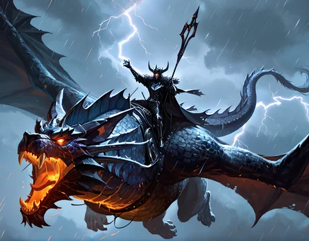 score_9, score_8_up, score_7_up, nighttime, epic image of an armored man riding a huge wolf-dragon through a dark sky, flying, lightning, black armor, darkness, horns, horned helmet, dark mood, otherworldly, dark clouds, dark lord, holding staff, glowing eyes <lora:dragonriderpxl:0.6>, dragonriderpxl, motion, action shot, best quality, masterpiece, photorealistic, vortex in sky, dark magic, wolf dragon hybrid creature, fur trim