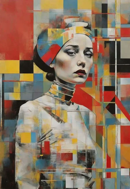 Dali, Malevitch, Rodchenko, Mondrian, Kandinsky, psychedelic hallucination, pop surrealism, rough crosshatch drawing pop art Lunatic_Portrait of a girl in latex, slick back, low bun, black makeup, sinister expression, intense glare, avant-garde, abstract, weird, geometric, constructivism, suprematism, rayonism, verticism, lineism, tj