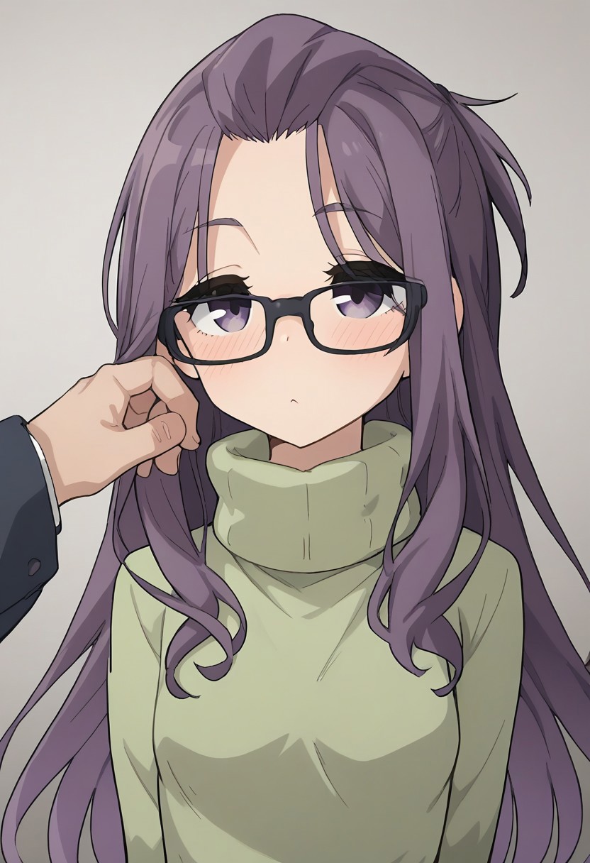 score_9, score_8_up, score_7_up, score_6_up, source_anime, 2d, ((small breast)), 
1girl , kagamiharasakura,long hair,purple hair,glasses,bangs pinned back,purple eyes,, sweater,turtleneck,long sleeves,, wagashi style