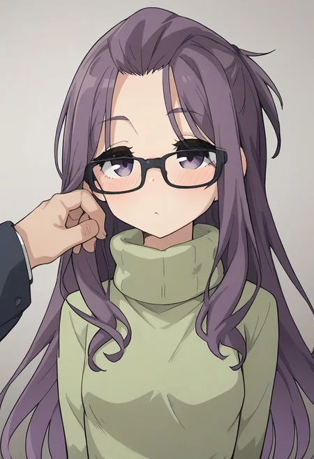 score_9, score_8_up, score_7_up, score_6_up, source_anime, 2d, ((small breast)), 
1girl , kagamiharasakura,long hair,purple hair,glasses,bangs pinned back,purple eyes,, sweater,turtleneck,long sleeves,, wagashi style
