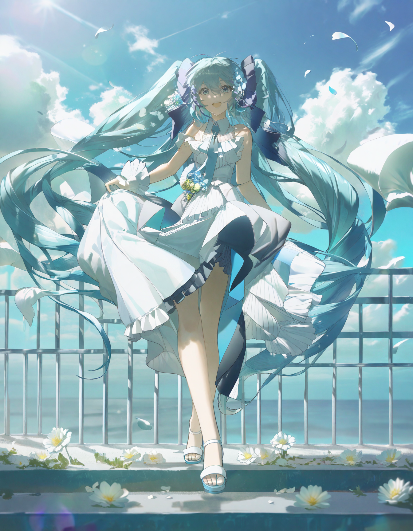 detailed, aesthetic, beautiful, beautiful color, amazing quality, best quality, hatsune miku, 1girl, solo, long hair, looking at viewer, smile, open mouth, bangs, blue eyes, hair ornament, dress, hair between eyes, bare shoulders, twintails, very long hair, standing, full body, flower, outdoors, frills, necktie, sky, sleeveless, day, cloud, hair flower, white dress, aqua eyes, blue sky, wrist cuffs, petals, aqua hair, floating hair, leg up, sandals, white footwear, standing on one leg, frilled dress, cloudy sky, white flower, blue theme, long dress, railing, falling petals, <lora:KonyaKarasue:1>