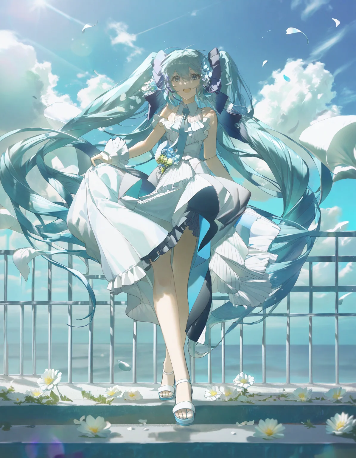 detailed, aesthetic, beautiful, beautiful color, amazing quality, best quality, hatsune miku, 1girl, solo, long hair, looking at viewer, smile, open mouth, bangs, blue eyes, hair ornament, dress, hair between eyes, bare shoulders, twintails, very long hair, standing, full body, flower, outdoors, frills, necktie, sky, sleeveless, day, cloud, hair flower, white dress, aqua eyes, blue sky, wrist cuffs, petals, aqua hair, floating hair, leg up, sandals, white footwear, standing on one leg, frilled dress, cloudy sky, white flower, blue theme, long dress, railing, falling petals, <lora:KonyaKarasue:1>
