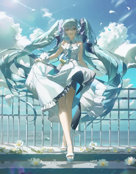 detailed, aesthetic, beautiful, beautiful color, amazing quality, best quality, hatsune miku, 1girl, solo, long hair, looking at viewer, smile, open mouth, bangs, blue eyes, hair ornament, dress, hair between eyes, bare shoulders, twintails, very long hair, standing, full body, flower, outdoors, frills, necktie, sky, sleeveless, day, cloud, hair flower, white dress, aqua eyes, blue sky, wrist cuffs, petals, aqua hair, floating hair, leg up, sandals, white footwear, standing on one leg, frilled dress, cloudy sky, white flower, blue theme, long dress, railing, falling petals, <lora:KonyaKarasue:1>