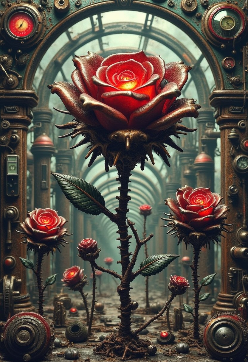 YFG-LBGadgets thorny stems, stark contrast between cold metallic tones and warm red glows, intricate structure of background arches, muted color palette with deep shadows,Surreal digital illustration featuring metallic rose-like flowers with glowing red centers, spiked stems, and mechanical elements, set against a with intricate textures and vibrant colors. The scene should include a rich variety of elements, each contributing to the overall atmosphere. Lighting should be soft, diffused, and natural, enhancing the depth and realism of the scene. The mood is to be calm yet vibrant, creating a sense of serenity and wonder. Every detail in the scene should be meticulously rendered, emphasizing the contrast between light and shadow, and capturing the fine textures and subtle gradients. The color palette should be carefully chosen to evoke emotion, with each hue enhancing the aesthetic appeal of the overall composition. The final image should be immersive and captivating, drawing the viewer into its intricately detailed world.