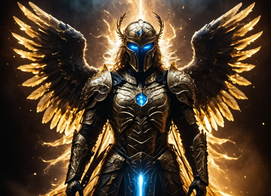 an archangel, Devine armor, mistic lighting, best quality, fog, smoke, holding, black and golden mask, (glowing blue eyes), armored wings, (golden hallow:1.1), lightning, an archangel, Devine armor, mistic lighting, best quality, fog, smoke, holding, black and golden mask, (glowing blue eyes), armored wings, (golden hallow:1.1), lightning, great composition, highly detailed, cinematic light, dynamic background, atmosphere, beautiful, pristine, magic, unique, illuminated color, stunning, brave