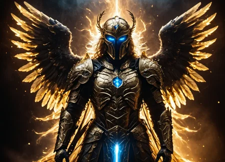 an archangel, Devine armor, mistic lighting, best quality, fog, smoke, holding, black and golden mask, (glowing blue eyes), armored wings, (golden hallow:1.1), lightning, an archangel, Devine armor, mistic lighting, best quality, fog, smoke, holding, black and golden mask, (glowing blue eyes), armored wings, (golden hallow:1.1), lightning, great composition, highly detailed, cinematic light, dynamic background, atmosphere, beautiful, pristine, magic, unique, illuminated color, stunning, brave