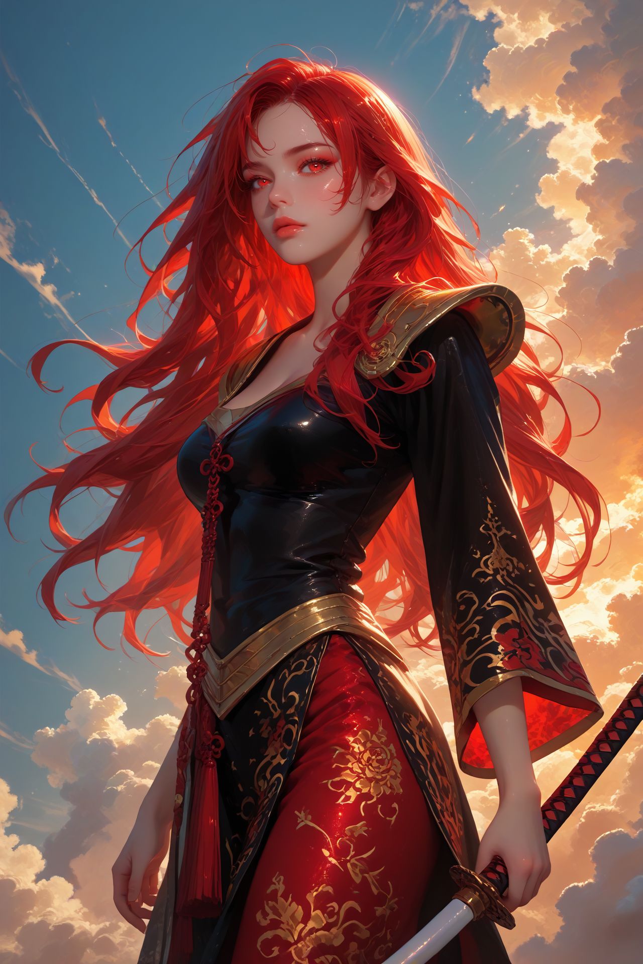 looking at viewer,detailed background,Cinematic Lighting,film grain,score_9,score_8_up,score_7_up,masterpiece,best quality,highly detailed,
<lora:(增强)sdxl_lightning_8step_lora:1>,<lora:glowneon_xl_v1:1>,glowing,<lora:hand 4:1>,hand person,<lora:(增强)Expressive_H-000001:0.8>,Expressiveh,<lora:th3rm4lXLP:0.6>,th3rm4l,colorful,<lora:Ahri_pdxl_Incrs_v1:1>,ahridefault,
hyper detailed,4k,masterpiece,samurai robot warrior,glowing red eyes,dark silhouette,detailed armor with technological elements,flowing tan and black robes,holding a katana,red sun setting in background,silhouette of bamboo plants,smoky misty environment,long hair,large breasts,