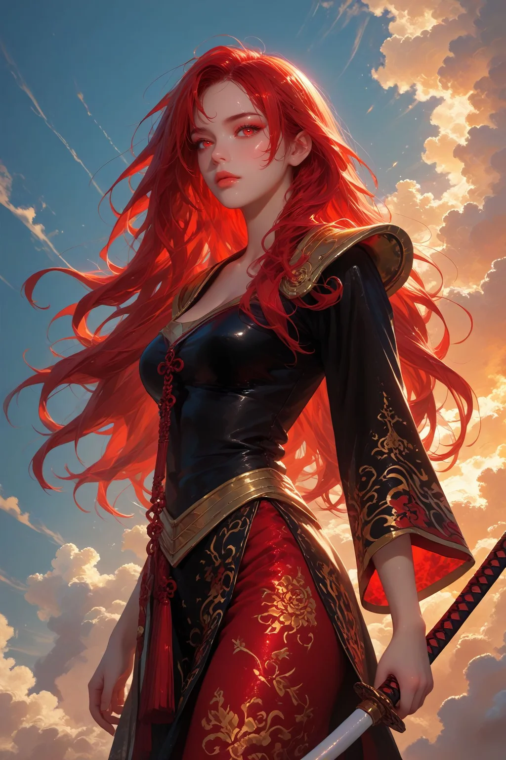 looking at viewer,detailed background,Cinematic Lighting,film grain,score_9,score_8_up,score_7_up,masterpiece,best quality,highly detailed,
<lora:(增强)sdxl_lightning_8step_lora:1>,<lora:glowneon_xl_v1:1>,glowing,<lora:hand 4:1>,hand person,<lora:(增强)Expressive_H-000001:0.8>,Expressiveh,<lora:th3rm4lXLP:0.6>,th3rm4l,colorful,<lora:Ahri_pdxl_Incrs_v1:1>,ahridefault,
hyper detailed,4k,masterpiece,samurai robot warrior,glowing red eyes,dark silhouette,detailed armor with technological elements,flowing tan and black robes,holding a katana,red sun setting in background,silhouette of bamboo plants,smoky misty environment,long hair,large breasts,