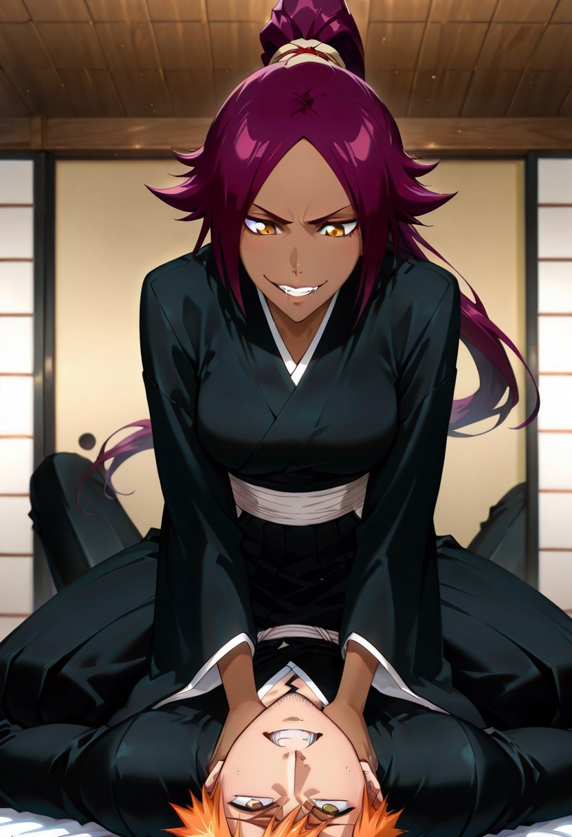 masterpiece, best quality, newest, absurdres, highres, anime, anime style, femdom-choking-cowgirl-IL.V1.0, asphyxiation, femdom, strangling, cowgirl position, girl on top, 1girl, shihouin yoruichi \(bleach\), dark-skinned female, yellow eyes, ponytail, Purple hair, 1boy, kurosaki ichigo \(bleach\), black kimono, japanese clothes, long sleeves, spiked hair,