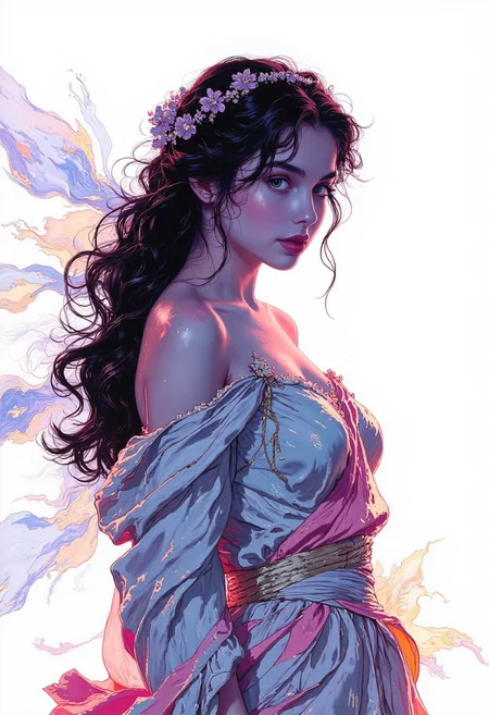 A futuristic fantasy character, glowing soft neon colors, cyberpunk style, vibrant pastel gradients, white background, highly detailed, high contrast, bioluminescent effects, ethereal and mysterious, dynamic light,a goddess-like figure in flowing drapery, inspired by Greek and Roman statues