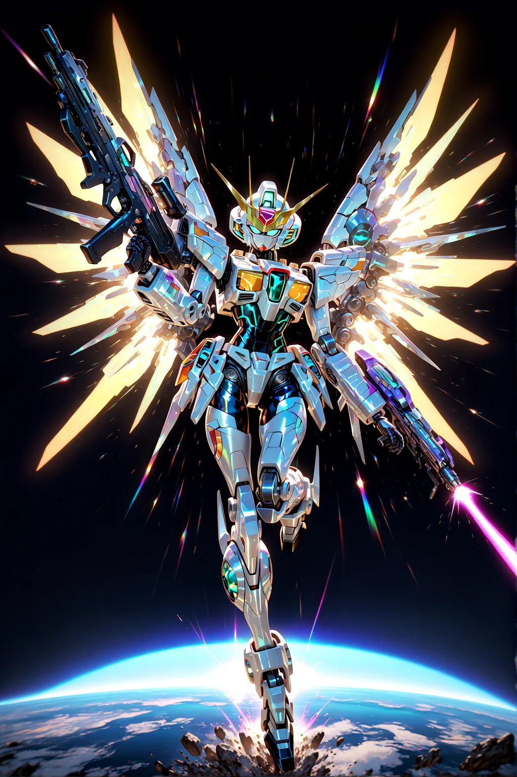 masterpiece, best quality, amazing quality, very aesthetic, absurdres, newest,
mecha wings, robot v-fin science_fiction beam rifle aiming, leg up full body
stars galaxy universe spacecraft,
{{best_quality}},{{amazing_quality,very_aesthetic}},
masterpiece, best quality, amazing quality, very aesthetic, absurdres, newest, volumetric lighting, <lora:spo_sdxl_10ep_4k-data_lora_webui:1.0> <lora:il_color_temp_slider_d1:1> <lora:holographiccolor:1>