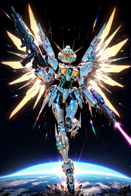 masterpiece, best quality, amazing quality, very aesthetic, absurdres, newest,
mecha wings, robot v-fin science_fiction beam rifle aiming, leg up full body
stars galaxy universe spacecraft,
{{best_quality}},{{amazing_quality,very_aesthetic}},
masterpiece, best quality, amazing quality, very aesthetic, absurdres, newest, volumetric lighting, <lora:spo_sdxl_10ep_4k-data_lora_webui:1.0> <lora:il_color_temp_slider_d1:1> <lora:holographiccolor:1>