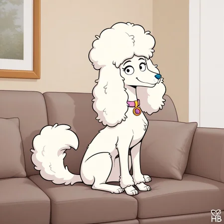 Honey(HB), Solo, 1girl, feral, Dog, poodle, white fur, black eyes, puffy tail, puffy ears, grey nose, pink collar, full body, looking at viewer, smile, sitting on couch, living room background,