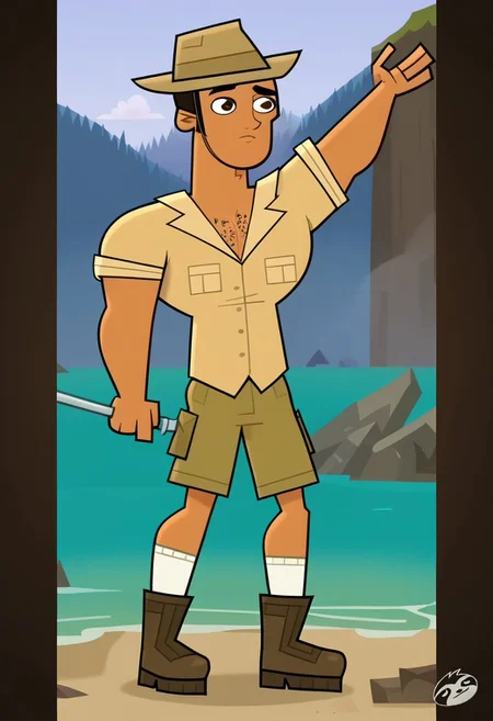 score_9, score_8_up, score_7_up, score_4, score_5, score_6,  dynamic view, dynamic pose, High Quality, perfect body, cartoon source, break
Diego Olivo, 1boy, solo, tanned skin, brown eyes, round pupils, chest hair, muscular, Big chest, Big pecs, thick eyebrows,  hat, ochre shirt, olive green shorts, white socks, brown boots,  break
beach, sunny, blue sky.