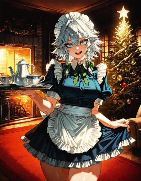 1girl, izayoi_sakuya, apron, blue_eyes ,breasts ,collared_shirt ,cowboy_shot ,cup ,curvy, dress, frilled_apron, frilled_dress, frills ,green_ribbon ,grey_dress ,holding, holding_tray , maid ,maid_headdress ,medium_breasts ,neck_ribbon ,open_mouth, puffy_short_sleeves, puffy_sleeves, ribbon ,shirt ,short_dress, short_sleeves ,skirt_hold ,smile ,solo, teacup, teapot, thick_thighs, thighs, tray ,waist_apron ,white_apron ,white_shirt, window,
chrlib, scenery, indoors, living room, night, oven, christmas tree, christmas ornaments, red carpet,
, Fishine,ireading ,noya_makoto ,quasarcake, retro_artstyle, retro,looking_at_viewer ,
masterpiece, best quality, amazing quality, very aesthetic, absurdres, newest, <lora:ponyv5_noobE11_1_adamW:0.6>, <lora:add-detail-xl:0.5>, <lora:cfg_scale_boost:0.5>, <lora:retro_scifi_artstyle:0.6>, <lora:USNR STYLE_XL_loha:0.6>, <lora:Christmas living room:0.6>