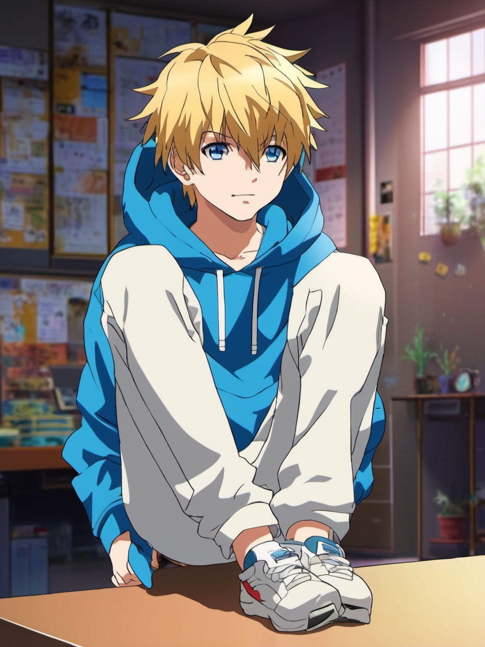 anime artwork a young boy Leon Raymond, blonde hair, blue eyes, complex background, dystopia, wearing a white hoodie, long sleeves, indoor, (detailed background,dark fantasy), depth of field,black light particles, symbol-shaped_pupils, 11 years old, solo, 1boy, (full body), <lora:Leon Raymond v1:0.8>, long sleeves, hoodie, 8k, uhd, (masterpiece, best quality, ultra-detailed, best shadow) . anime style, key visual, vibrant, studio anime,  highly detailed