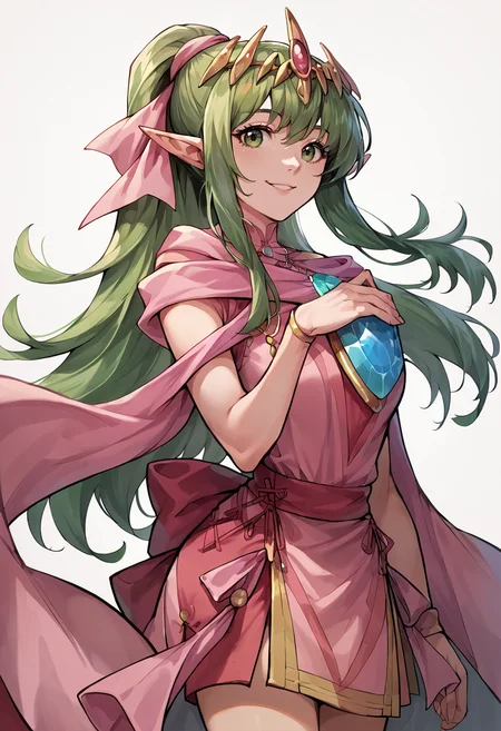 score_9, score_8_up, score_7_up, source_anime, 1girl, solo, mltikfdiv, gem, green eyes, green hair, hair ornament, hair ribbon, jewelry, long hair, pink dress, pointy ears, ponytail, pink scarf, red shawl, short dress, tiara, <lora:tiki-adult-take3-pdxl:1>, smile,