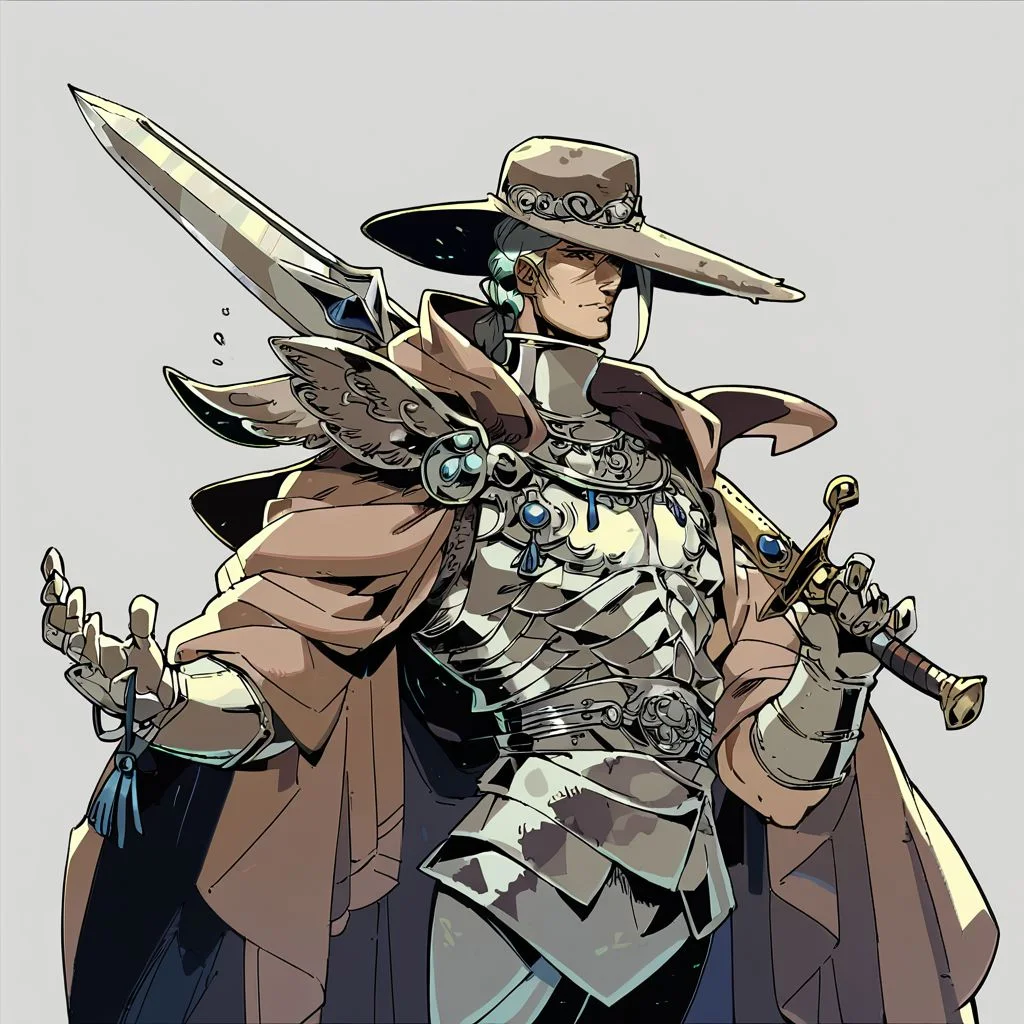 score_9, score_8_up, score_7_up, knight, wearing armor, holding a sword, genderless, wide-brimmed hat, cloak, intricate patterns, gloves,