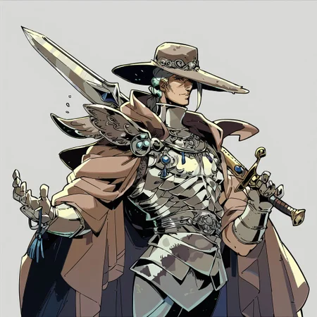 score_9, score_8_up, score_7_up, knight, wearing armor, holding a sword, genderless, wide-brimmed hat, cloak, intricate patterns, gloves,