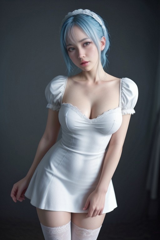 Score_9,Score_8_up,Score_7_up, highly detailed, best quality, cinematic lighting, photo realistic, realistic, real cute supermodel, hyperrealistic,fancy mansion, ultra detailed, highly detailed, detailed skin, japanese face, cosplay pose:1.1,1girl, rem, ram_re_zero, , smirk, tilted to the side, leaning to the side, white thigh high socks, cute maid sparkle dress, (cute, petite),
Re:zero Ram, solo focus, light blue hair, cute maid outfit,  view from below, thunder punch, [[volumetric fog:0.2]], god rays, cleavage, saggy breasts,