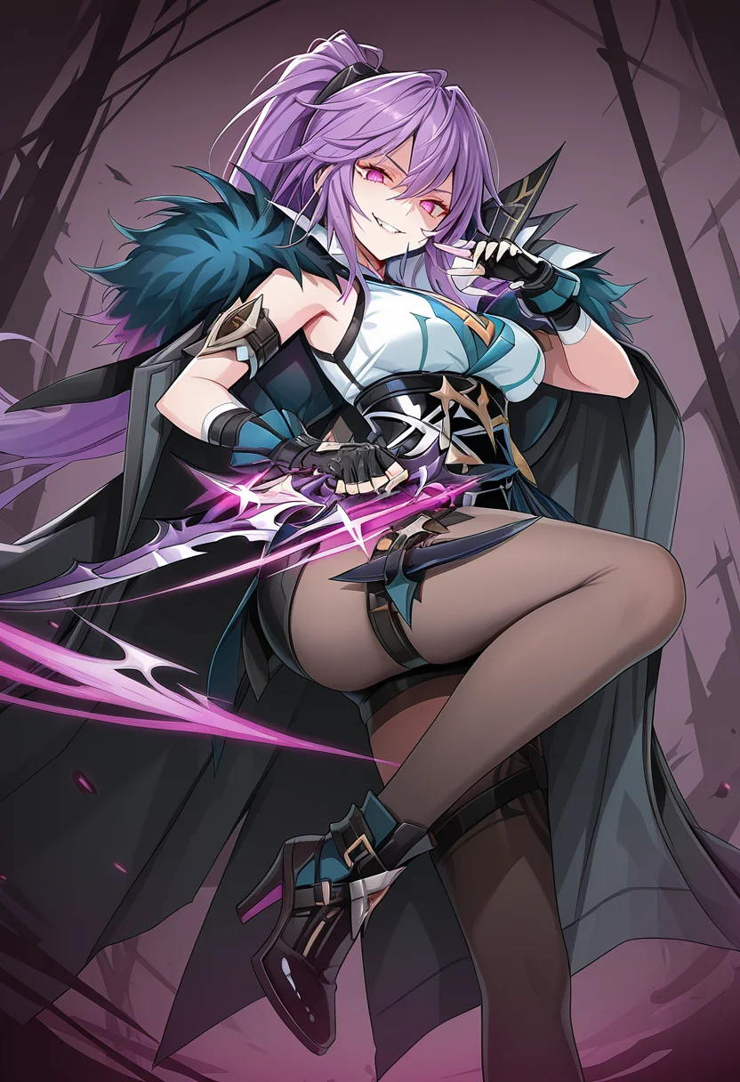 1girl, sole, masterpiece, best quality, high quality, anime, decanee(t), long hiar, ponytail, sleeveless shirt, fingerless gloves, cape, fur trim, high heels, dagger, holding dagger, evil smile, teeth, looking at viewer