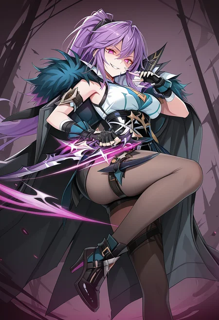 1girl, sole, masterpiece, best quality, high quality, anime, decanee(t), long hiar, ponytail, sleeveless shirt, fingerless gloves, cape, fur trim, high heels, dagger, holding dagger, evil smile, teeth, looking at viewer