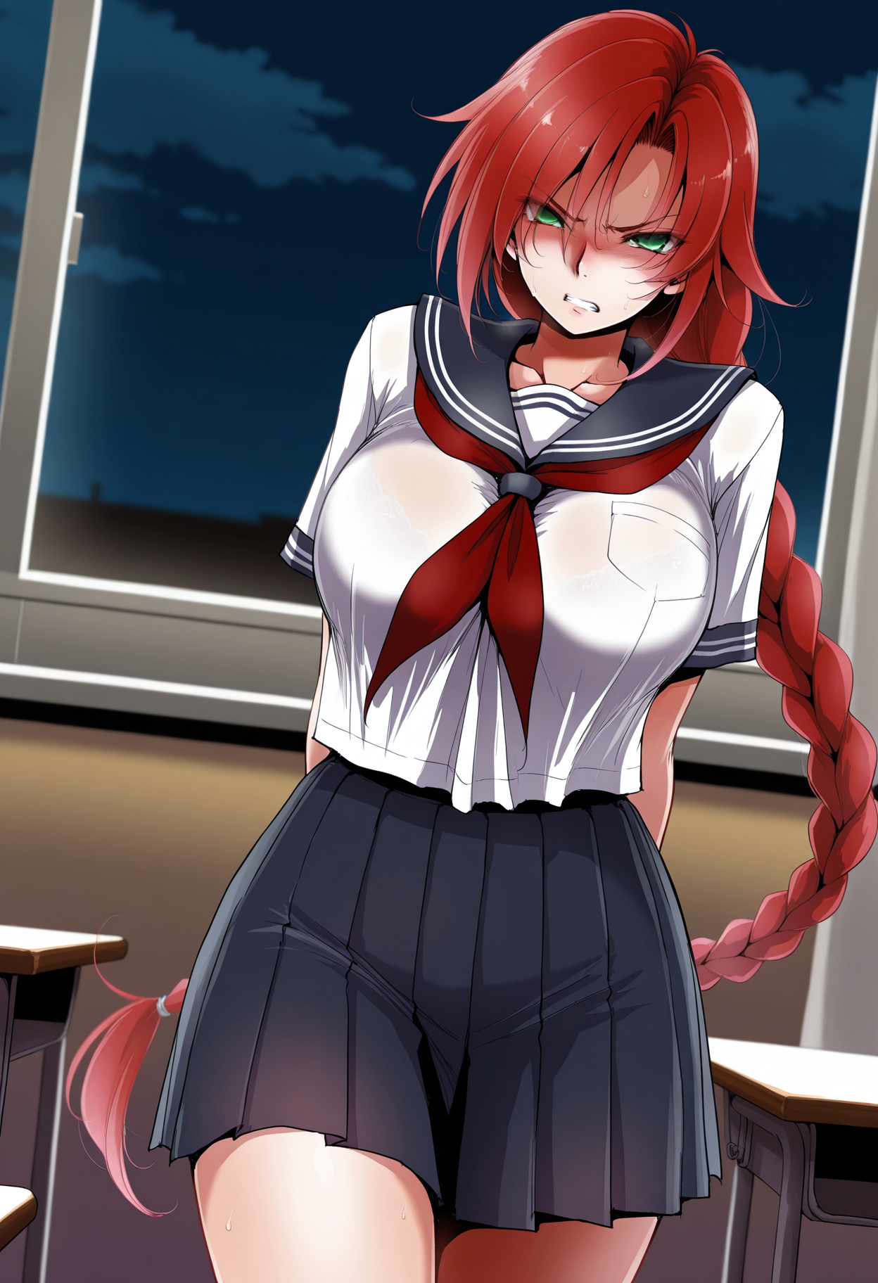 1girl, red hair, very long braid, large breasts, green eyes,
school uniform, serafuku, skirt, pleated skirt,
classroom, night, cowboy shot, angry, pointed,
masterpiece,best quality,amazing quality,
 <lora:DpcIL-style:1>, dpcstyle,