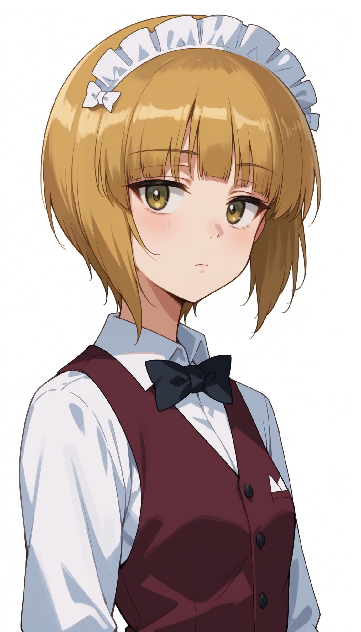 score_9, score_8_up, score_7_up, source_anime, 
 <lora:Cutlass (Azur lane):1>Cutlass _Girls_und_panzer, 1girl, blonde hair, maid headdress, yellow eyes, short hair, white background, brown vest, long sleeves, simple background, white shirt, looking at viewer, bartender, dress shirt, black bow, upper body, school uniform, black bowtie, wing collar, blunt bangs, standing
