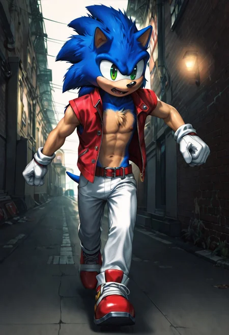 zPDXL3,RE_Engine,score_9_up,score_8_up,score_7_up,detailed,(best quality:1.2),digital media \(artwork\), BREAK, solo,best quality, 1boy, solo male, SonicXL, Sonic (sonic the hedgehog series), furry, lime green eyes, peach chest:1.5, peach arms:1.5, white open shirt, red vest, white gloves, red belt, white pants, red running shoes, running, blue aura, spiked hair, hedgehog, street alley, night, dynamic lighting, full body