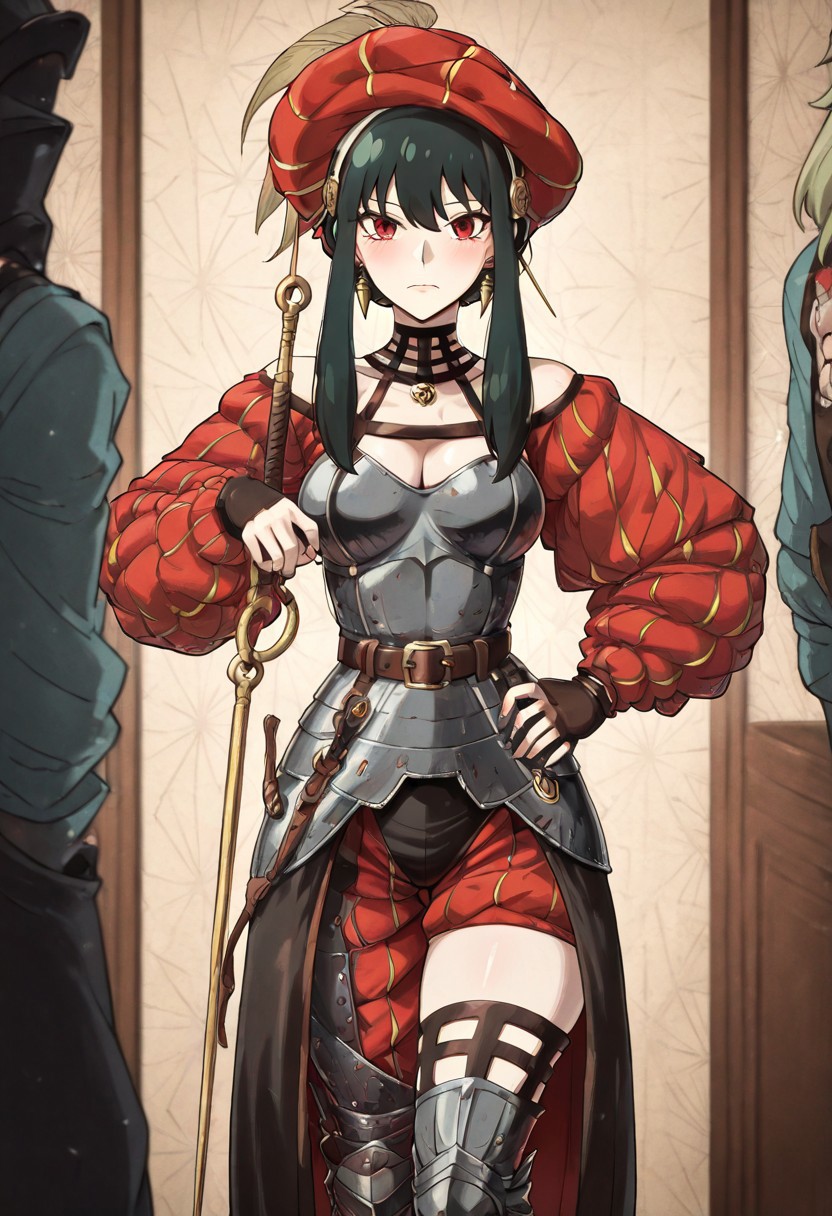 masterpiece, best quality, newest, absurdres, highres, anime, anime style, TTCSV1.0
LKAV1.0, landsknecht, armor, belt, breastplate, chaperon hat, faulds, asymmetrical legwear, asymmetrical armor, puffy sleeves, puffy pants,
1girl, yor_briar, spy_x_family, black_hair, red_eyes,