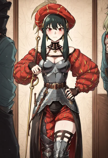 masterpiece, best quality, newest, absurdres, highres, anime, anime style, TTCSV1.0
LKAV1.0, landsknecht, armor, belt, breastplate, chaperon hat, faulds, asymmetrical legwear, asymmetrical armor, puffy sleeves, puffy pants,
1girl, yor_briar, spy_x_family, black_hair, red_eyes,