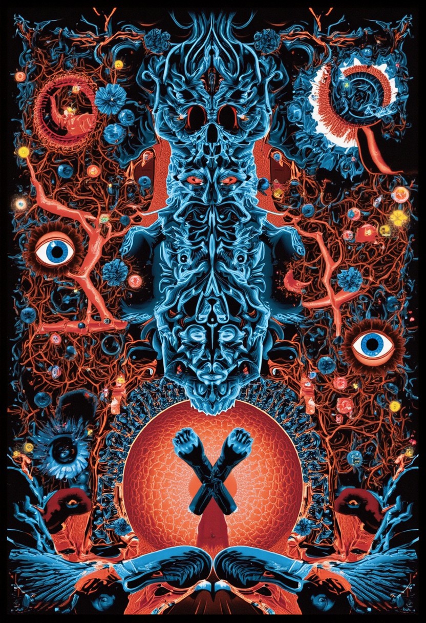 Slot machine graphics from front view . Disturbing scenes of addiction, people injecting drugs heroin, white powder, drinking alcohol smoking cigarettes. very strange surrealist style with holographic vortex featuring swirls of holotropic colour and glowing eyes wet distorted factory shot. On the television sets are glowing hands, with electricity coming off the finger tips. swirling around