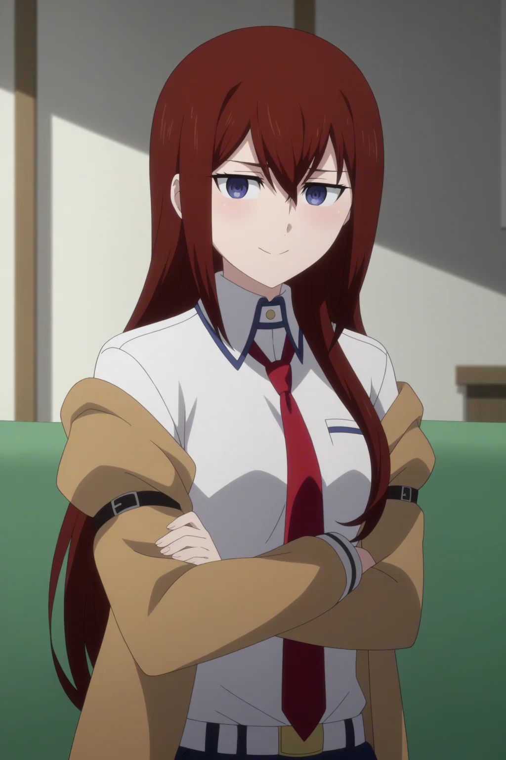 1girl,solo,kurisu makise,long hair,red necktie,jacket,brown hair,collared shirt,indoors,emotionless,crossed arms,upper body <lora:Kurisu_Makise_-_SteinsGate.safetensors:0.8>
