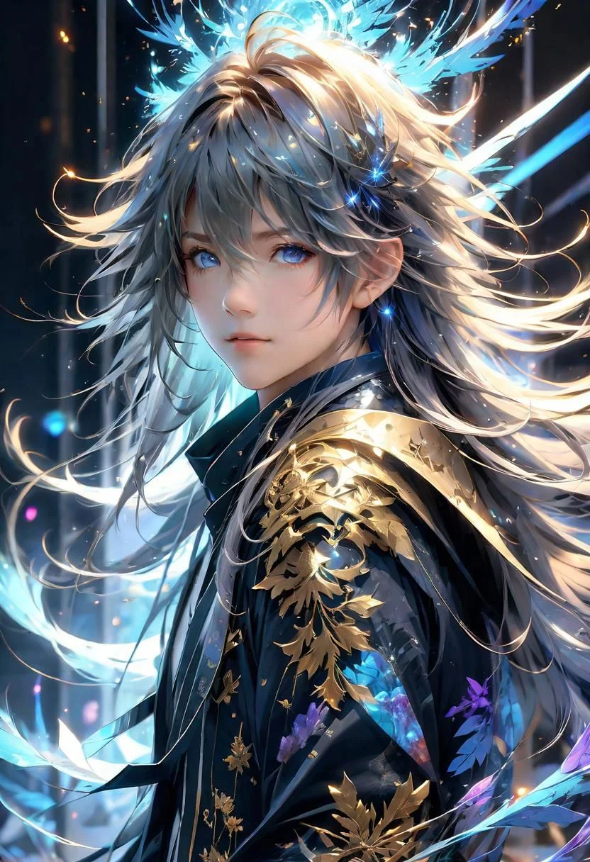 ,shoulder length messy long shine hair, happy, Full body, Beautiful anime waifu style boy, hyperdetailed painting, luminism, art by Carne Griffiths and Wadim Kashin concept art, 4k resolution, fractal isometrics details bioluminescence , 4d render, octane render, intricately detailed , cinematic, trending on artstation Isometric Centered hyperrealistic cover photo awesome full color, hand drawn , gritty, realistic mucha , hit definition , cinematic, on paper, ethereal background, abstract beauty,stand, approaching perfection, pure form, golden ratio, minimalistic, unfinished, concept art, by Brian Froud and Carne Griffiths and Wadim Kashin and John William Waterhouse, intricate details, 8k post production, high resolution, hyperdetailed, trending on artstation, sharp focus, studio photo, intricate details, highly detailed, by greg rutkowski