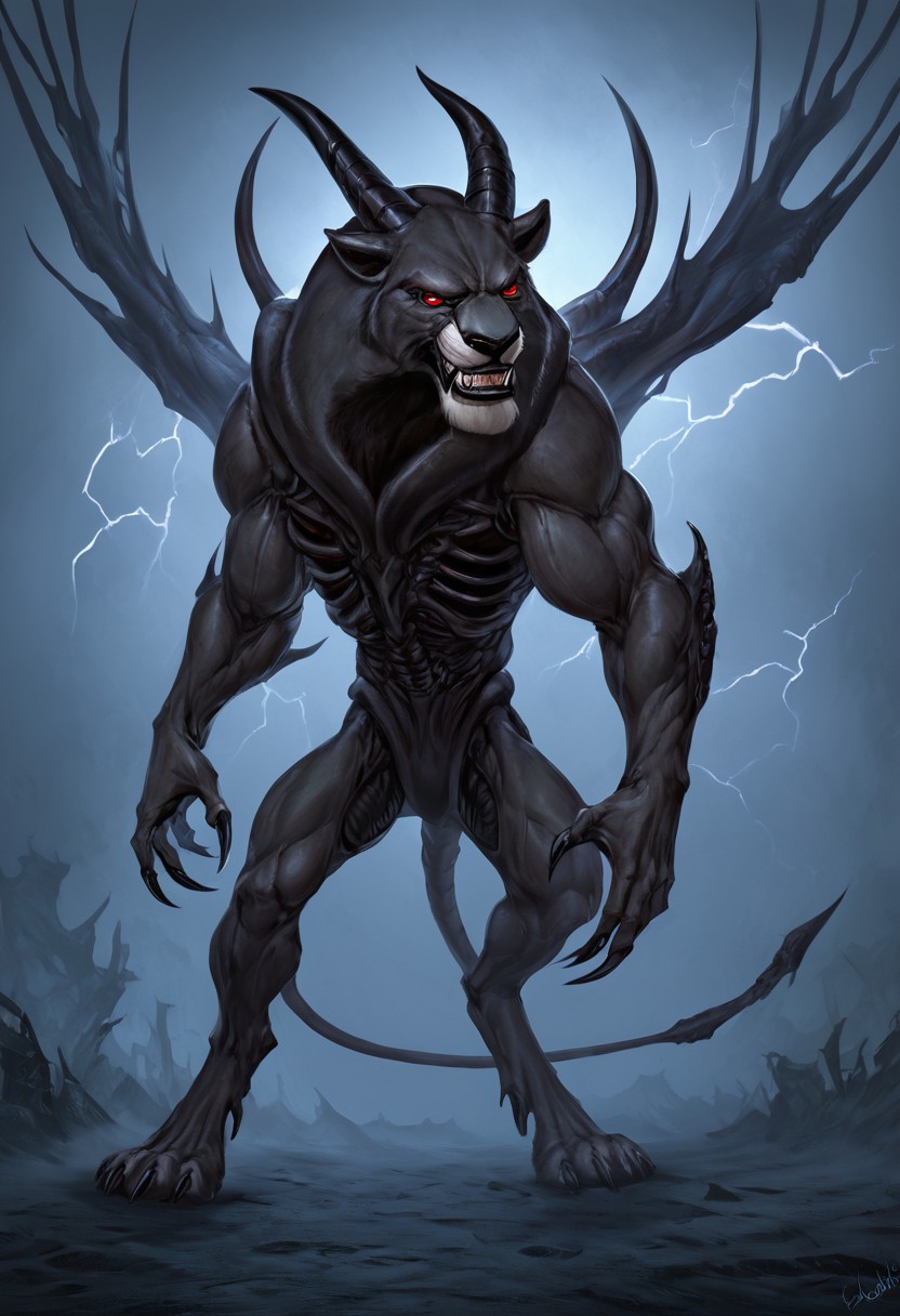 black lion Fenrir, barbarian leather armour, barbarian feral lion, male barbarian, perfect eyes, muscular hunk, webbed wings, steel claws, horns, red eyes, angry, anger, webbed wings, steel claws, horns, (((lion king head))), (((solo))), demonic, necromancy, xenomorphic skin, xenomorphic toes, focus, red eyes, demonic angry, anger, realistic illustration, detail, apocalyptic background, lightning, darkened sky. bare pectorals, thigh high greaves, confident smile showing teeth,  solo, dorito shaped torso, broad shoulders, big pectorals, slim waist, Big muscular body,  big chest, muscle growth, , score_9, score_8_up, score_7_up, intricate detail, best quality,  (cool lighting), realistic, very realistic, photo realistic, vibrant, crisp, sharp details, Highly detailed, ultra-detailed, extremely detailed, detailed background, apocalyptic 
 fantasy city background, masterpiece, best quality, high quality, highres, dramatic (neon lighting), shadowed, night-time,