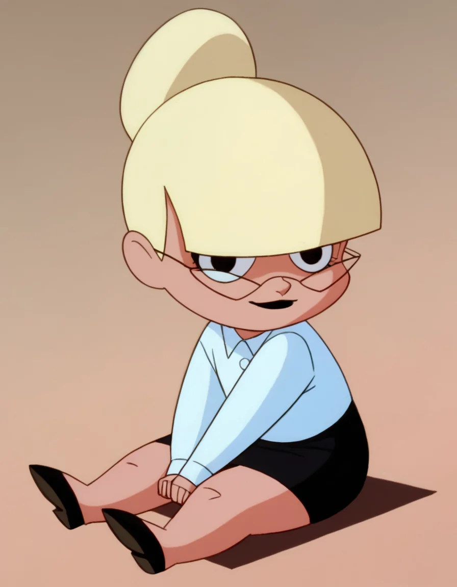 ((1girl, solo)),  <lora:Mary Dahl Mature - Baby Doll 2nd Appearance (Batman the Animated Series - BTAS):1> , mary_dahl_mature, blonde hair, black eyes, blunt bangs, black skirt, white shirt, single hair bun, glasses, serious, [chibi], black lipstick, looking at viewer, simple background, smug, sitting,, score_9, score_8_up, score_7_up, cute,