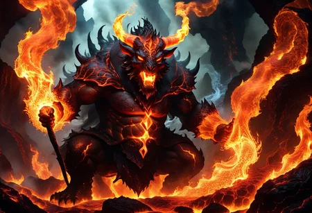 ferrous fire breathing, ghoulish, ghastly horned elemental in a hellish fiery lava filled environment. decimating everything in rage all around it while A single wizard figure is using magic to manipulate water to extinguish fires and battle the beast. OverallDetailXL