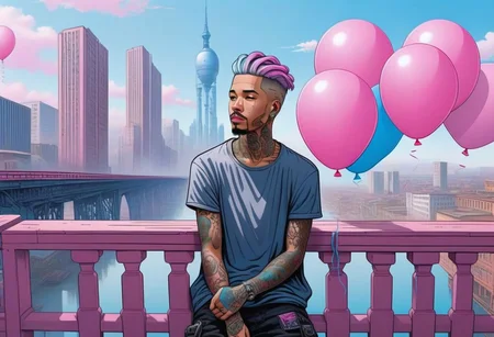 anime, a man with tattoos on his face rested on the railing of a bridge, city day, holiday, pink and blue balloons, a bridge with wooden columns and arches, a wooden floor ,(((light silver hair))),
a couple of large buildings, pink background, day, tall buildings, cyberpunk, cyberpunk art, retrofuturism<lora:Cyberpunk _Anime_sdxl:1.0>, vfx environment, ambient occlusion, highlights, corect eyes, black jacket with bedding,(((high - rise buildings)))
