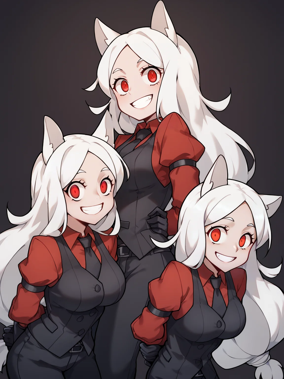 score_9, score_8_up, score_7_up, score_6_up, score_5_up, score_4_up, BREAK, source_cartoon, source_anime, 3girls, cerberus \(helltaker\), white hair, long hair, red eyes, dog ears, red shirt, arm garter, black gloves, black necktie, black pants, black vest, necktie, demon girl,
smile, arms behind back, looking at viewer, simple background
<lora:CerberusXL:1>