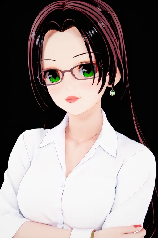 score_9, score_8_up, score_7_up, score_6_up, simple black background, <lora:Elaine_OC_Waifu_PonyXL:1> elaine_oc, 1girl, long hair, black hair, green eyes, glasses