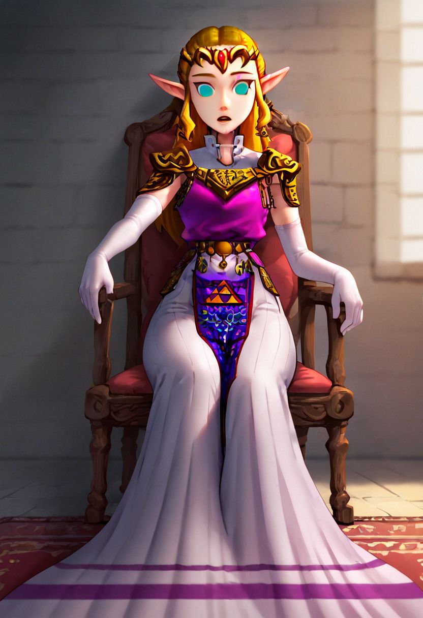 Hypnosis, Mind control, high quality, Masterpiece, detailed quality, score_9, score_8_up, score_7_up, 2d, face focus, extreme close up, pov, source_anime, 1 girl, (ootzelda, princess zelda, long dress, pelvic curtain, elbow gloves, elf, drool, blank eyes, empty eyes, mindless, limp body, unconscious, comatose, mouth open, expressionless, sitting), empty room, chair, rug