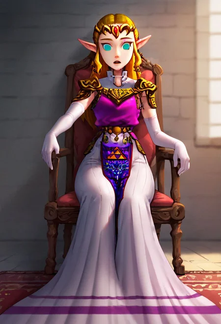 Hypnosis, Mind control, high quality, Masterpiece, detailed quality, score_9, score_8_up, score_7_up, 2d, face focus, extreme close up, pov, source_anime, 1 girl, (ootzelda, princess zelda, long dress, pelvic curtain, elbow gloves, elf, drool, blank eyes, empty eyes, mindless, limp body, unconscious, comatose, mouth open, expressionless, sitting), empty room, chair, rug