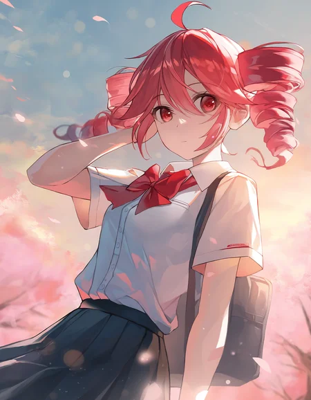 very awa, 1girl, kasane teto, school uniform, red bow, falling petals, wind, light theme, light rays, looking at viewer, hand in own hair, expressionless, light particles, alternate costume, dress shirt, pleated skirt, dynamic angle, outdoors, pink lighting, orange lighting, close-up, short sleeves, one hand at side, school bag, dutch angle, bloom, sunset, three quarter view, blurry edges, spring \(season\), cherry blossoms, sunlight, blue sky, cloud, petals, solo, blurry background, bag on shoulder, (bokeh:1.5),
[masterpiece:0.15], [best quality:0.15], [newest:0.15], [absurdres:0.15]  <lora:artist_miji_black_vpred:1>