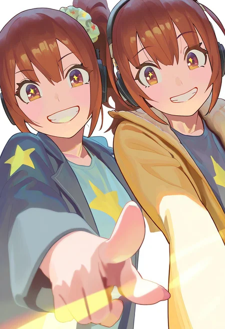 masterpiece, best quality, very aesthetic, high resolution, ultra-detailed, absurdres, newest, extremely detailed eyes, beautiful, perfect lighting, hi res, amazing quality, very awa, Brightly Lit, Highly Visible, 8k, sharp focus, beautiful, perfect lighting, volumetric lighting, scenery, painting_(artwork), PSTL_ST, long hair, looking at viewer, smile, open mouth, bangs, multiple girls, simple background, brown hair, shirt, hair ornament, long sleeves, white background, 2girls, brown eyes, jacket, upper body, one eye closed, star \(symbol\), grin, side ponytail, coat, v, siblings, headphones, scrunchie, blue shirt, pointing, sisters, hair scrunchie, twins, star print, print shirt, large breast