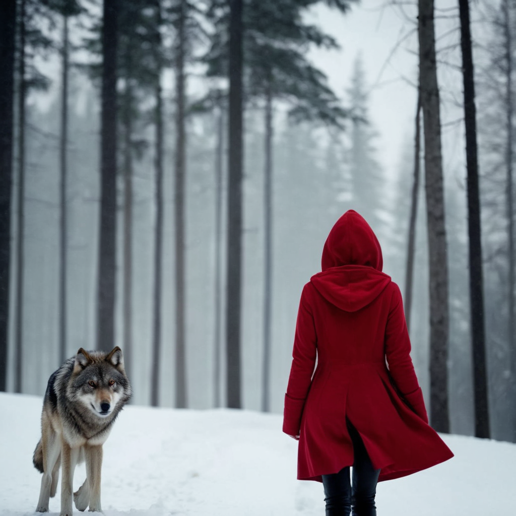 cinematic film still of  <lora:Little Red Riding Hood:1.2> Cinematic Film Scene
Little Red Riding Hood a woman in a red hoodie is walking in the snow with a wolf, shallow depth of field, vignette, highly detailed, high budget, bokeh, cinemascope, moody, epic, gorgeous, film grain, grainy
