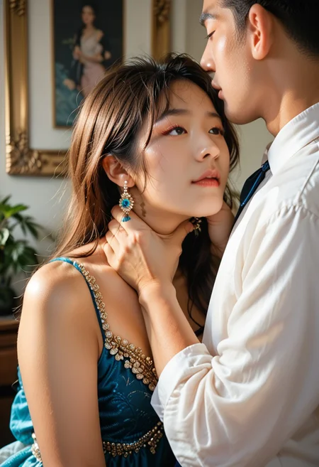 score_9, score_8_up, score_7_up, score_6_up, hetero, wearing eveningwear, low lights, masterpiece, highly detailed, beautiful hair, jewellery, accessories, neckchoke, 1girl, 1boy, hand on neck, asian, viewed from side, clothed